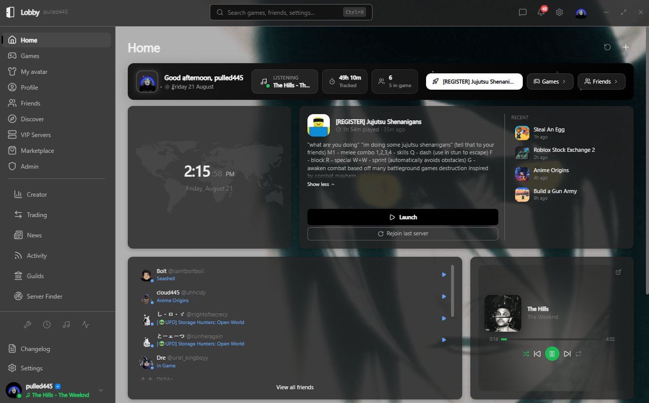 Lobby's home screen: the game you last played with a Launch button, a list of recent games, a friends list showing who is online and what they are playing, and a now-playing music panel.