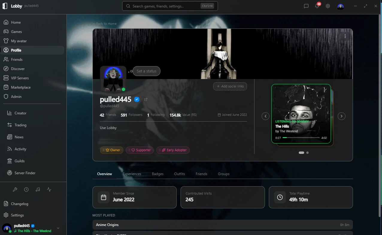 Lobby's Profile page: a Roblox profile with banner, avatar, friend and follower counts, badges, a now-playing Spotify card, and tabs for experiences, badges, outfits, friends and groups.